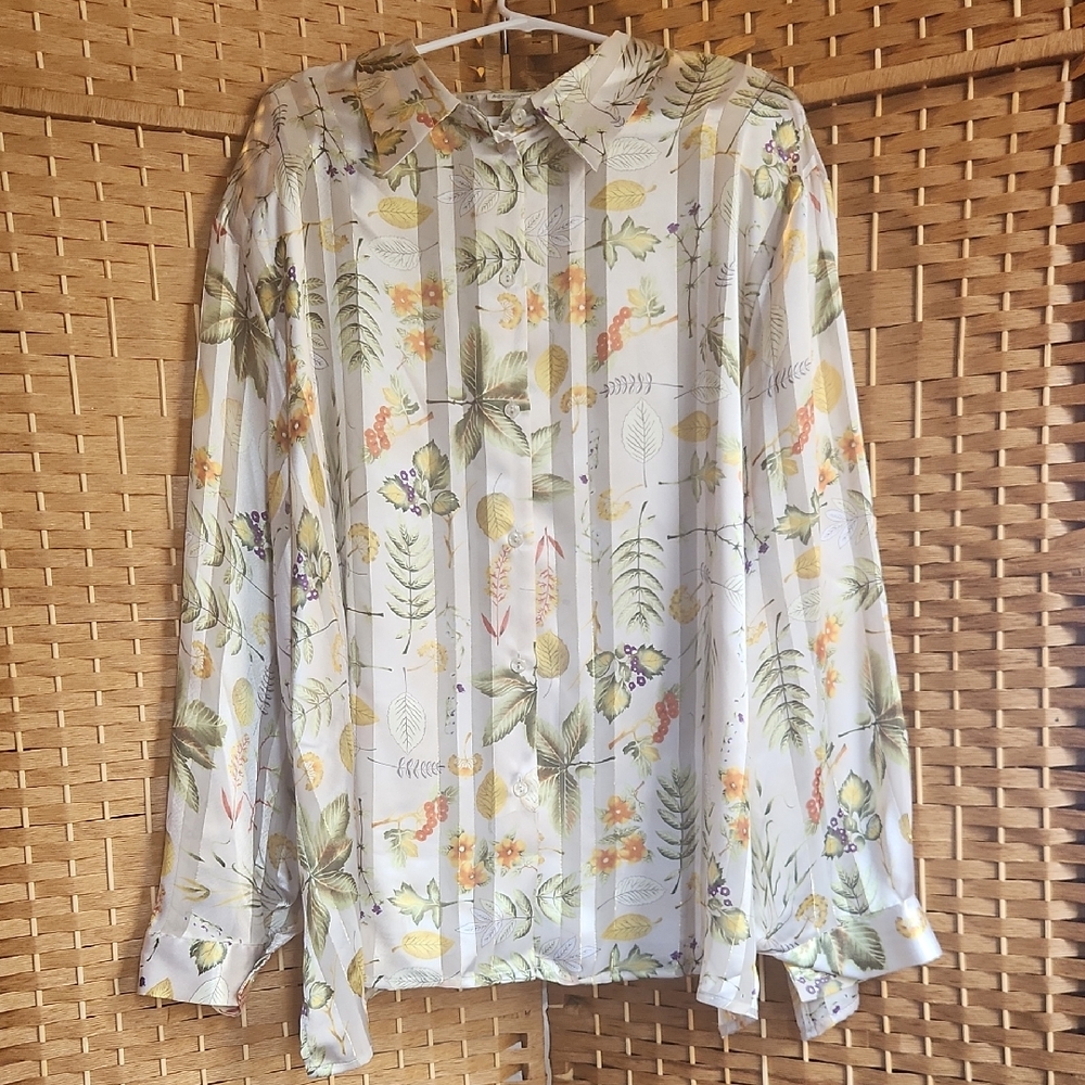 Maggie Barnes, Sheer Lightweight, Fall Leaves,  Button-Up Blouse W Gold Detail